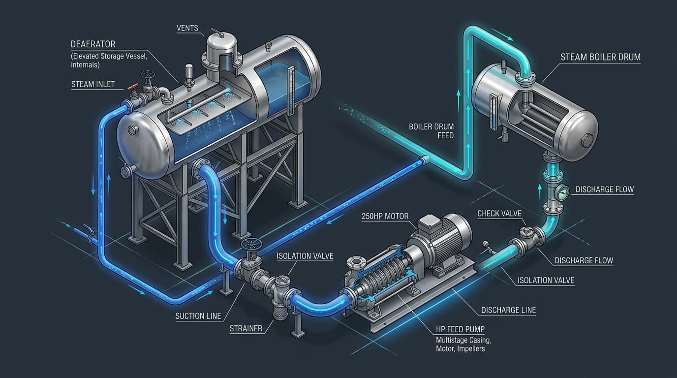 Zolvia Industrial Boiler Feed Pump Circuit Schematic with Elevated Deaerator and Multistage High Pressure Pump