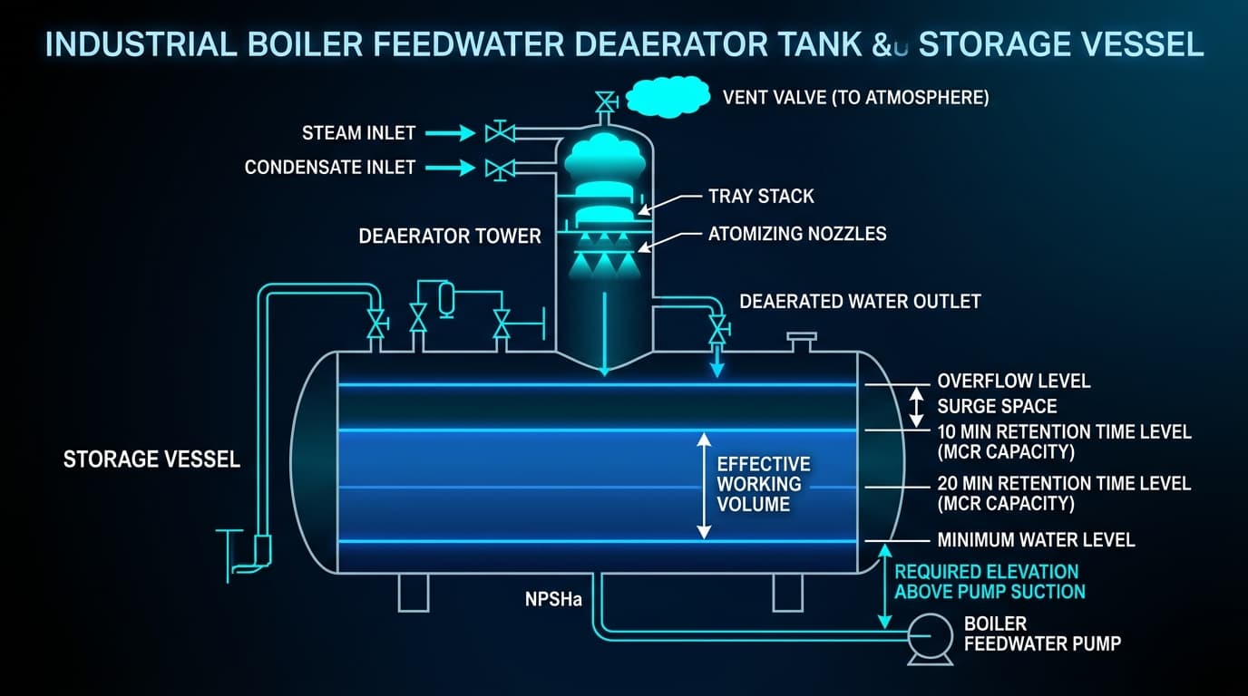 Boiler Feed Tank Sizing Guide: Retention Time, Deaerator Storage & Static Elevation